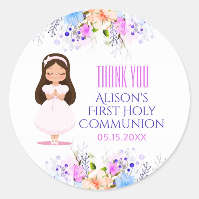 Girls First Holy Communion Floral Classic Round Sticker (Front)