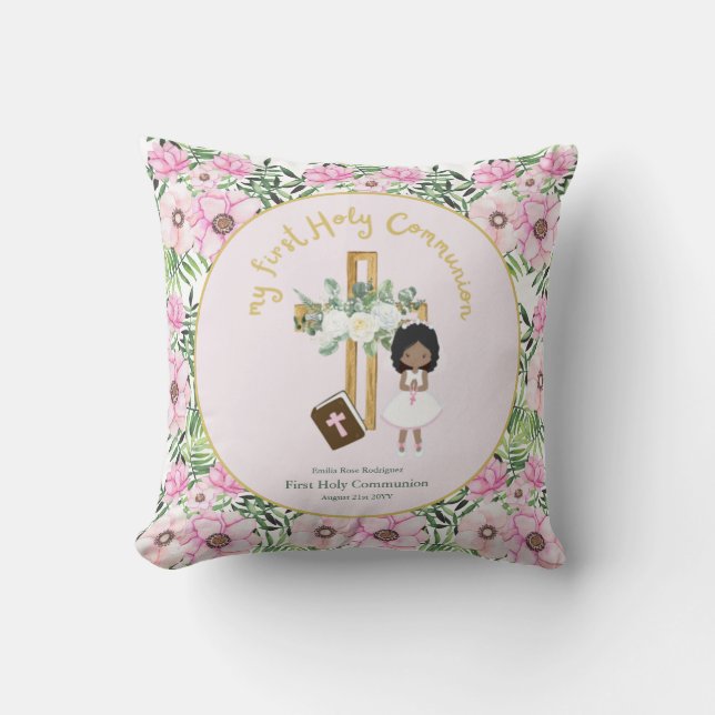 Girls First Holy Communion Floral Cross Caricature Cushion (Front)