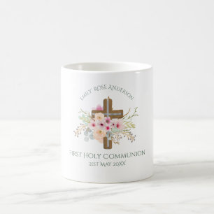 Girls First Holy Communion Floral Cross Customised Coffee Mug
