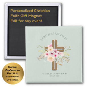 Girls First Holy Communion Floral Cross Customised Magnet