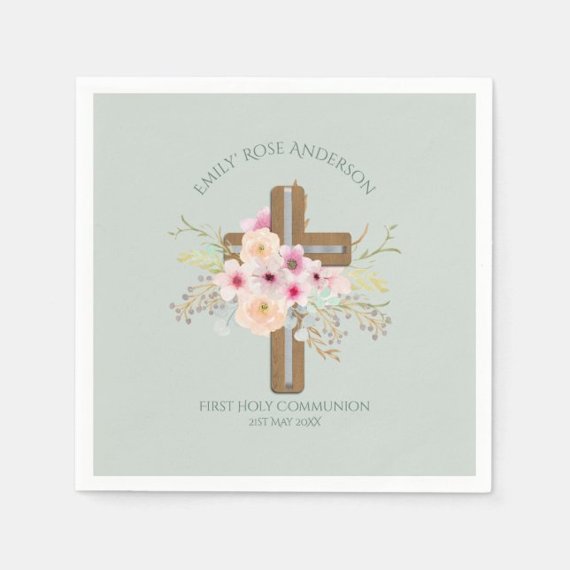 Girls First Holy Communion Floral Cross Customised Napkin (Front)