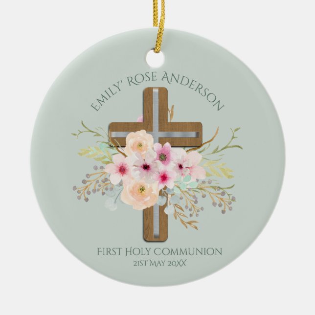 Girls First Holy Communion Floral Cross Customized Ceramic Tree Decoration (Front)