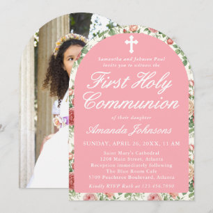 Girl's First Holy Communion Garden Roses Photo Invitation