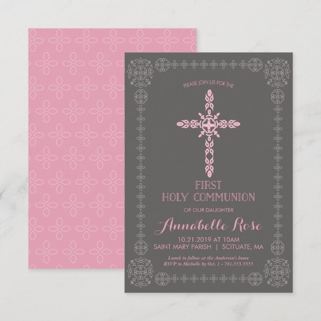 Girls First Holy Communion Girls Invitation, Cross Invitation (Front/Back)