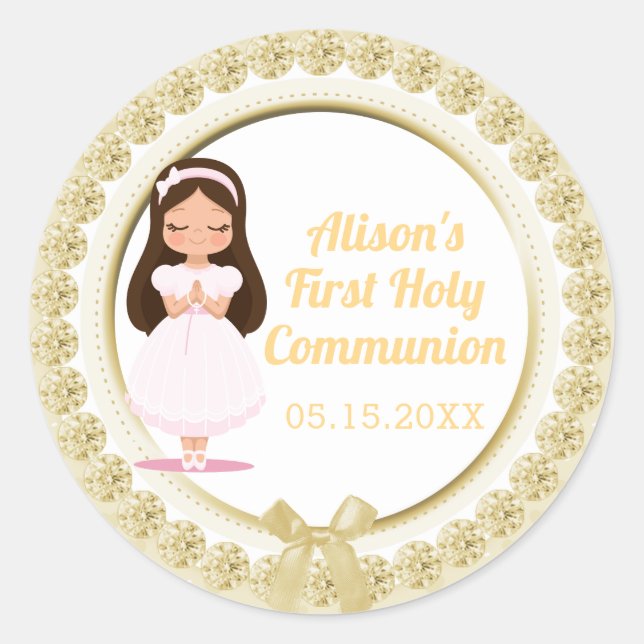 Girls First Holy Communion Gold Jewels Classic Round Sticker (Front)