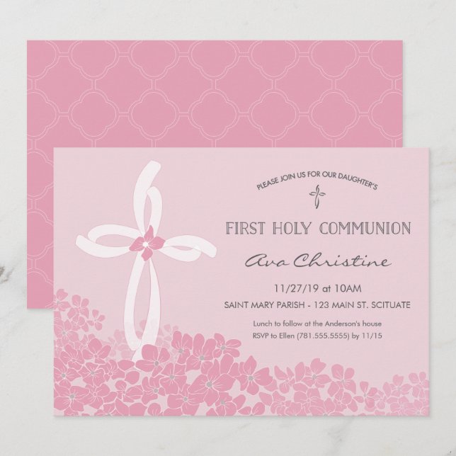 Girl's First Holy Communion Invitation w/ Cross (Front/Back)