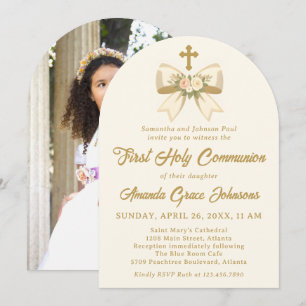 Girl's First Holy Communion Ivory Floral Bow Photo Invitation