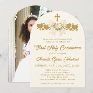 Girl's First Holy Communion Ivory Gingham Bow Invitation