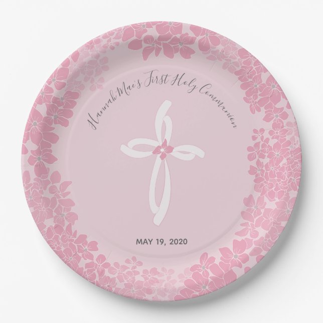Girl's First Holy Communion Paper Plate, Floral Paper Plate (Front)