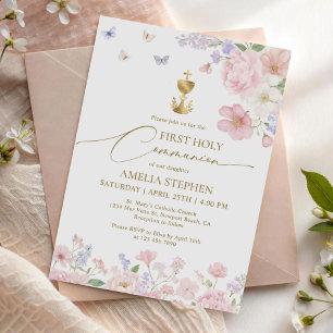 Girl's First Holy Communion Pastel Floral Invitation