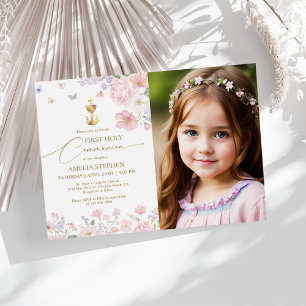 Girl's First Holy Communion Pastel Floral Photo Invitation