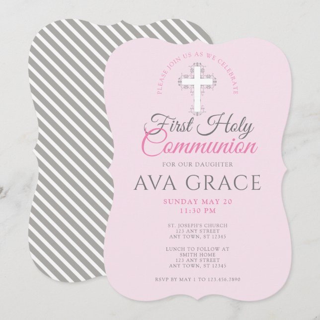 Girls First Holy Communion Pink Cross Invitation (Front/Back)