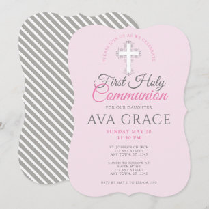 Girls First Holy Communion Pink Cross Invitation