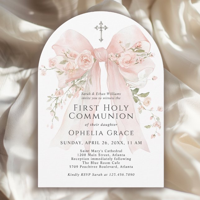 Girl's First Holy Communion Pink Floral Bow Arched Invitation (May be ordered in both printed and instant download digital formats.)