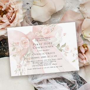 Girl's First Holy Communion Pink Floral Bow Invitation