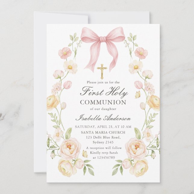 Girl's First Holy Communion Pink Floral Bow Invitation (Front)