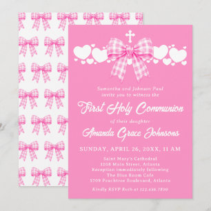 Girl's First Holy Communion Pink Gingham Bow Invitation