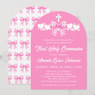 Girl's First Holy Communion Pink Gingham Bow Invitation