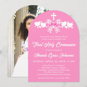 Girl's First Holy Communion Pink Gingham Bow Photo Invitation