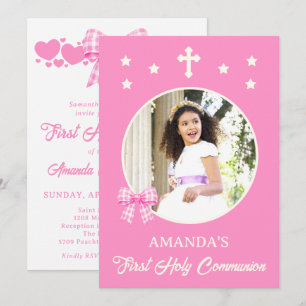 Girl's First Holy Communion Pink Gingham Bow Photo Invitation