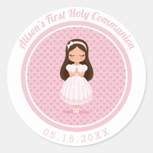 Girls First Holy Communion Pink Hearts Classic Round Sticker