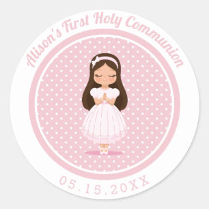 Girls First Holy Communion Pink Polka Dots Classic Round Sticker