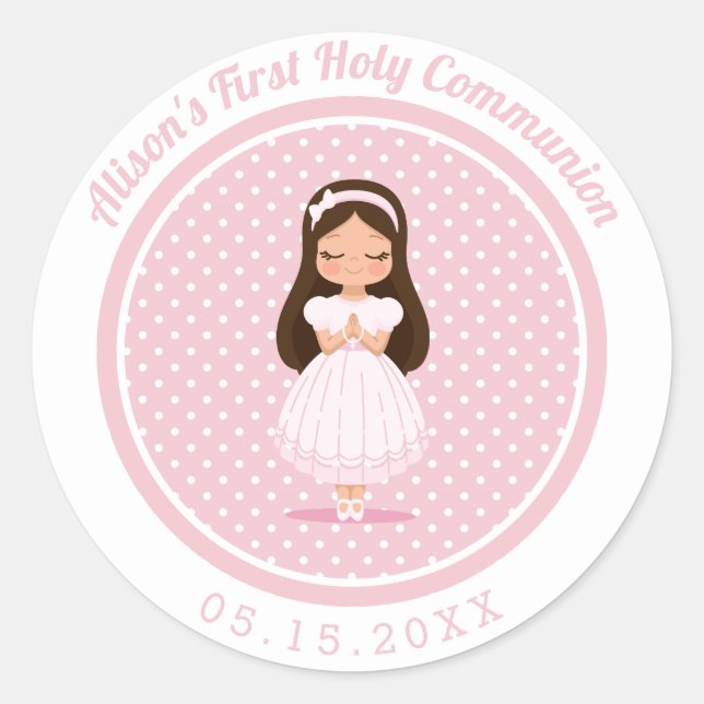 Girls First Holy Communion Pink Polka Dots Classic Round Sticker (Front)