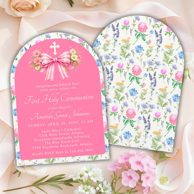 Girl's First Holy Communion Pink Wildflower Bow Invitation (Creator Uploaded)
