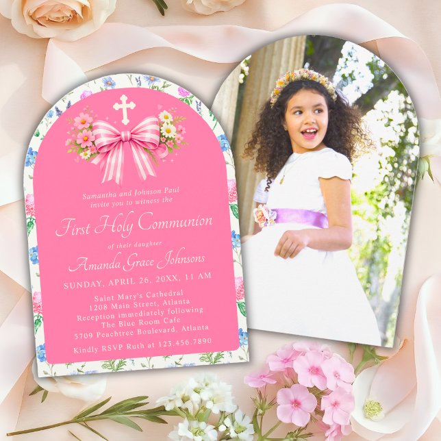 Girl's First Holy Communion Pink Wildflower Bow Invitation (Creator Uploaded)