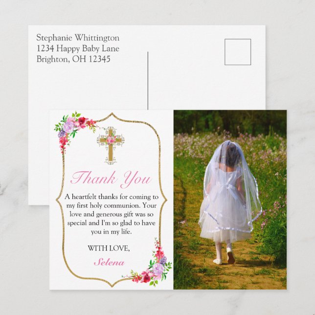 Girls First Holy Communion Pretty Photo Thank You Postcard (Front/Back)