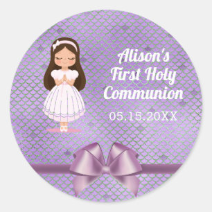 Girls First Holy Communion Purple Bow Classic Round Sticker