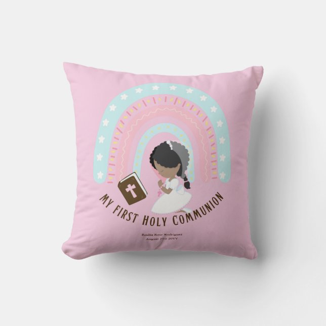 Girls First Holy Communion Rainbow Caricature Cushion (Front)
