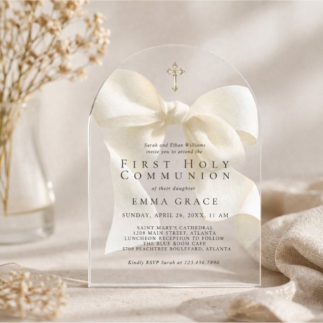 Girl's First Holy Communion Simple Ivory Bow Acrylic Invitations (Creator Uploaded)