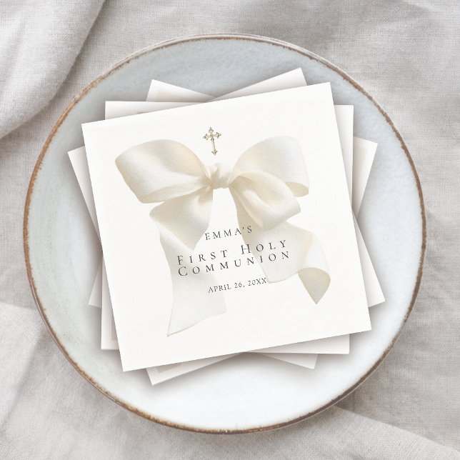 Girl's First Holy Communion Stylish Ivory Bow Napkin (Creator Uploaded)