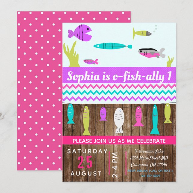 Girls Fishing Kids Birthday Party Invite (Front/Back)