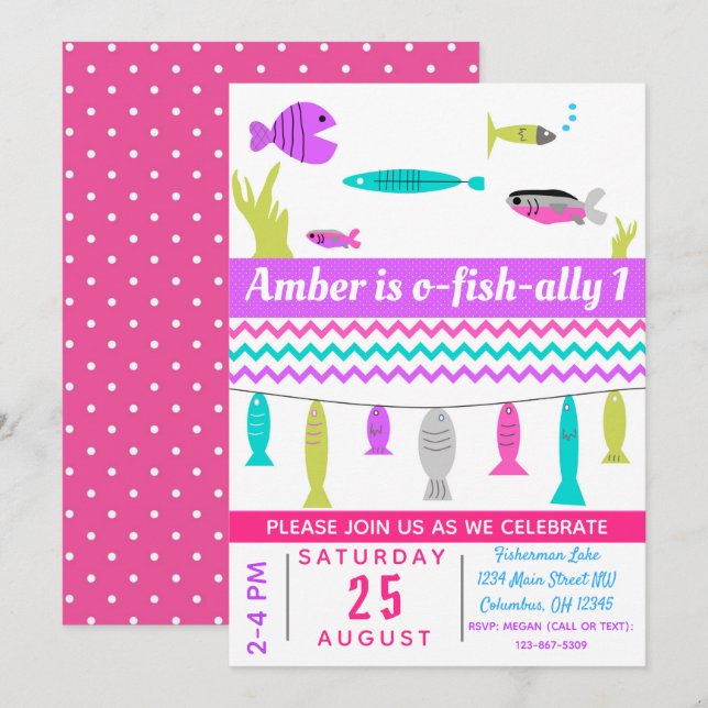 Girls Fishing Kids Birthday Party Invite (Front/Back)