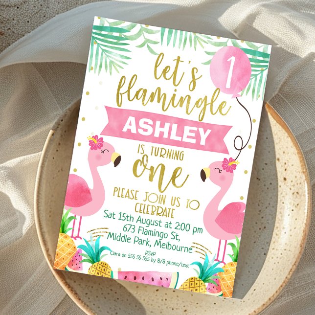 Girls flamingo first birthday invitation (Pink Let's Flamingle 1st Birthday Invitation, Flamingo First Birthday Invitation Tropical Fruit )