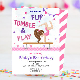 Girls Flip Tumble & Play Gymnastics Birthday Party Invitation