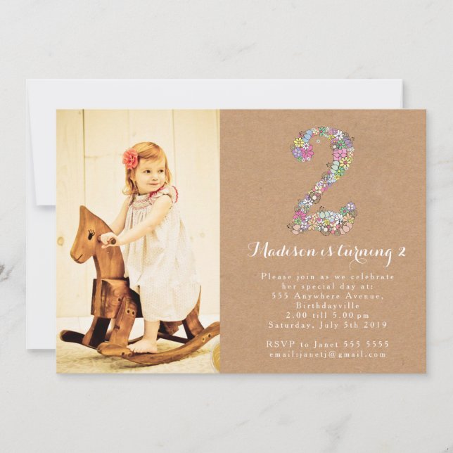 Girls Floral 2nd Birthday Party Invitation (Front)