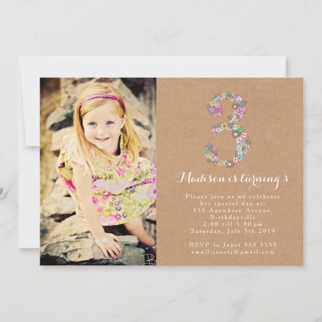 Girls Floral 3rd Birthday Party Invitation (Front)