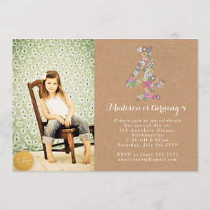 Girls Floral 4th Birthday Party Invitation