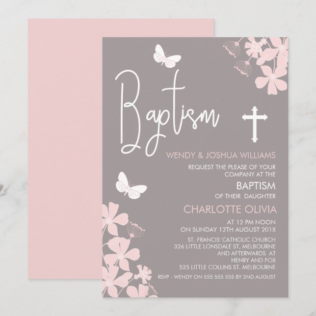 Girls Floral And Butterflies Baptism Invitation (Front/Back)