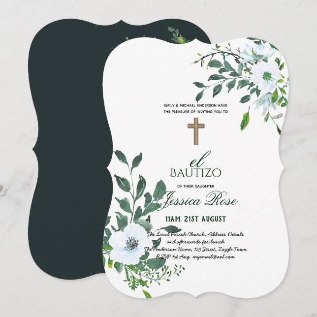 Girls Floral BAUTIZO Bautismo Pink Catholic Cross Invitation (Front/Back)