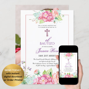 Girls Floral BAUTIZO Bautismo Pink Catholic Cross Invitation