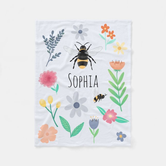 Girls Floral Bee and Woodland Flowers Kids Nursery Fleece Blanket (Front)