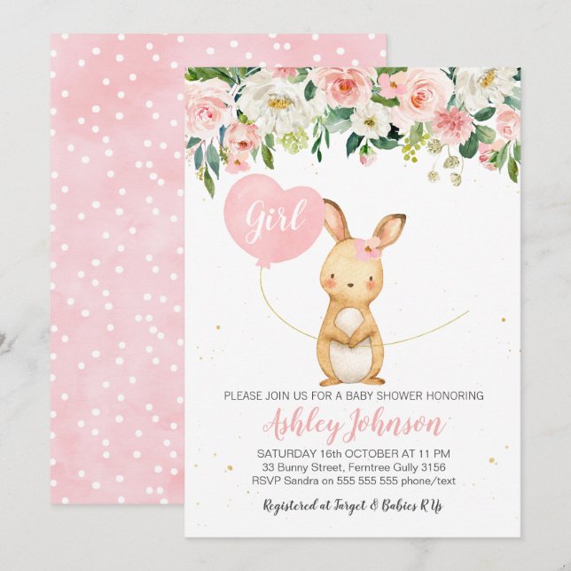 Girls Floral Bunny Baby Shower invitation (Front/Back)