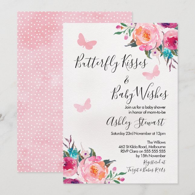 Girls Floral Butterfly Baby Shower Invitation (Front/Back)
