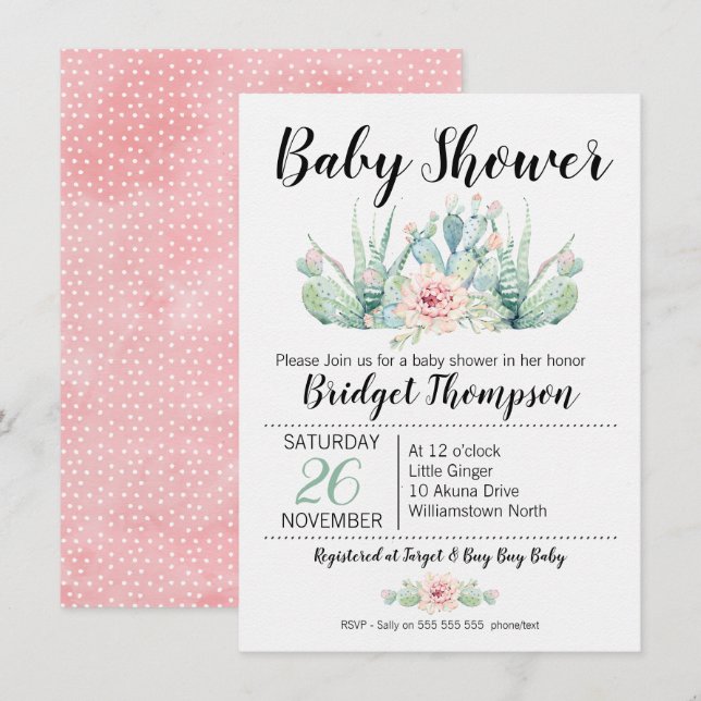 Girls Floral Cactus Baby Shower Invitation (Front/Back)
