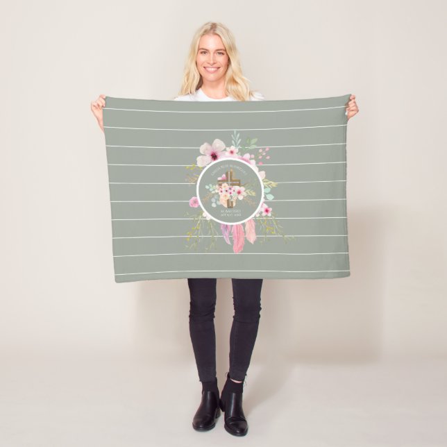 Girls Floral Cross Bautizo Baptism Pink Flowers Fleece Blanket (In Situ)