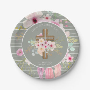 Girls Floral Cross Bautizo Baptism Pink Flowers Paper Plate